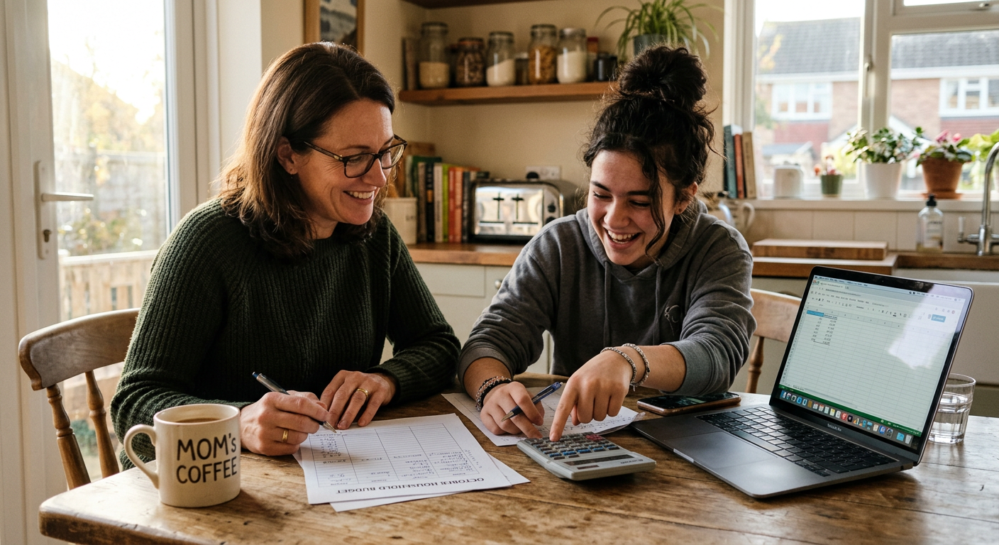 A mother and teenage daughter reviewing a household budget together